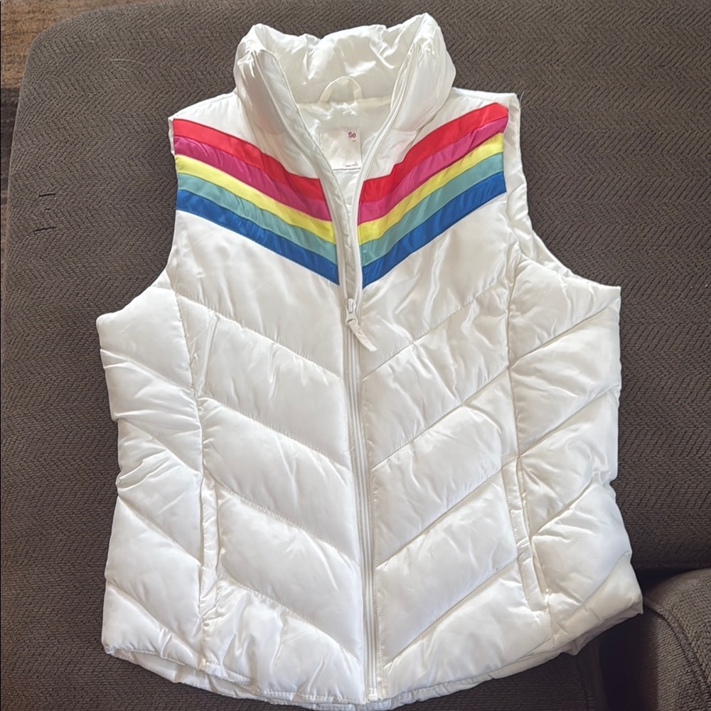 White Puffer Vest with Rainbow Stripes